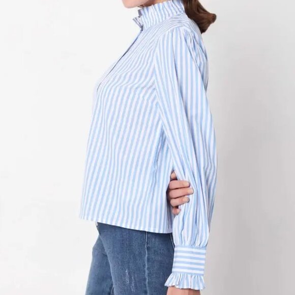 Vero Moda Striped Cotton High Ruffle Neck / Cuffs Women's Button Up Shirt (MED) - Picture 14 of 15